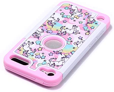 Apple iPod Touch 5,6th Case, iPod 7th Generation Case, Rainbow Unicorn Pattern Shockproof Studded Rhinestone Crystal Bling Hybrid Case Silicone Protective Armor for Apple iPod Touch 5 6th Generation