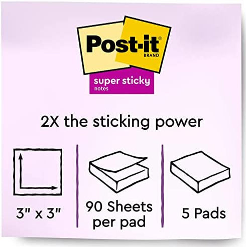 Post-it Super Sticky Notes, 3x3 in, 5 Pads, 2x the Sticking Power, Playful Primaries, Primary Colors (Red, Yellow, Green, Blue, Purple), Recyclable(654-6SSAN)