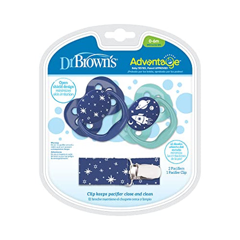 Dr. Brown's Advantage Symmetrical Pacifier with Air Flow and Pacifier Clip - Blue - 2-Pack - 0-6m