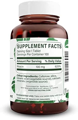 Natural Nutra Niacin as Nicotinic Acid (Vitamin B3) Supplement for Boost Energy, Improves Digestion, Brain Function Healthy, Non-GMO, Gluten-Free, 100 mg, 100 Tablets