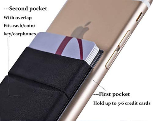 2Pack Adhesive Phone Pocket,Cell Phone Stick On Card Wallet Sleeve,Credit Cards/ID Card Holder(Double Secure) with Sticker for Back of iPhone,Android and All Smartphones-Black