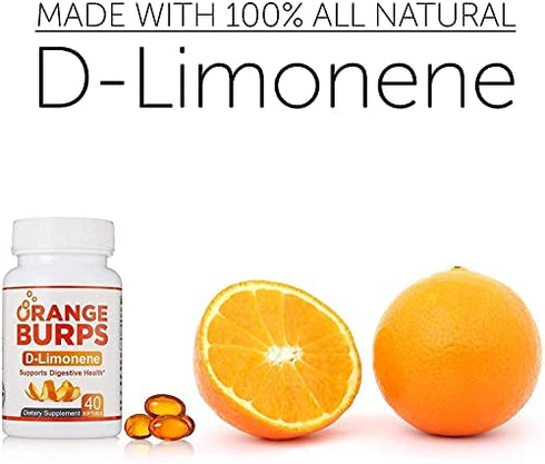 Orange Burps D-Limonene Softgels | Orange Peel Extract for Digestive Health | Non-Harmful Solution for Acid Reflux & Heartburn | Easy-to-swallow & each Bottle Contains 500mg, 40 Capsules | Gluten-Free