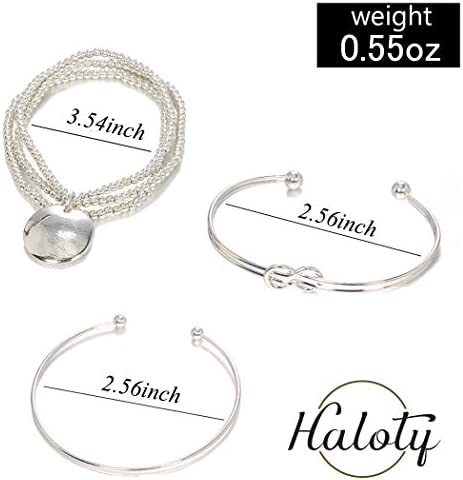 Haloty Boho Layered Knot Bangle Stackable Bracelets Silver Dainty Coin Beaded Hand Jewelry for Women and Girls 5Pcs (Coin)