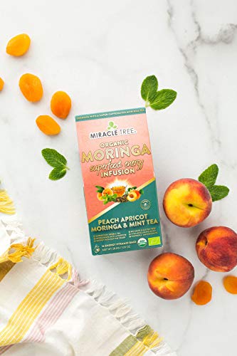 Miracle Tree's Moringa Energy Tea - Peach Mint Apricot | Super Caffeinated Blend | Healthy Coffee Alternative, Perfect for Focus | Organic Certified & Non-GMO | 16 Pyramid Sachets