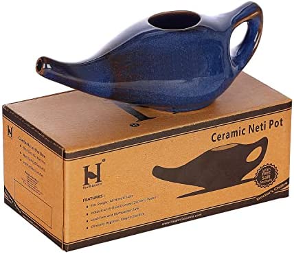 Ceramic Neti Pot, Premium Handcrafted Durable, Dishwasher Safe, for Nasal Cleansing + 5 Sachet Neti Salt, 225 Ml. (7.6 FL Oz) Capacity - Elegant Blue Gradient Color