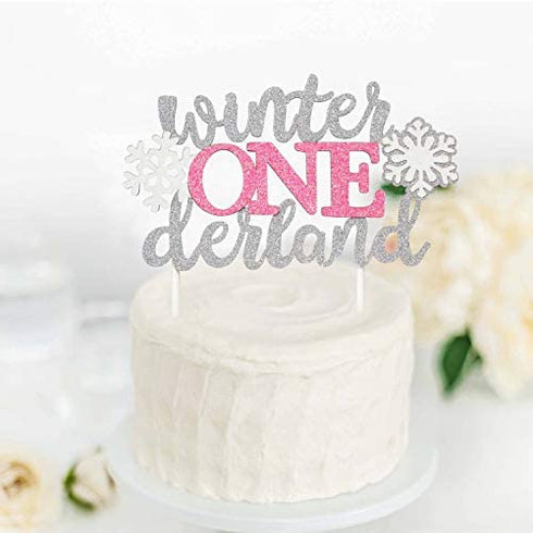 Glitter Winter Onederland Birthday Cake Topper( set of 1 ) and Snowflakes One Winter Wonderland Cupcake Toppers ( set of 12 ) Winter First Birthday Party Decorations Baby Girls 1st Birthday