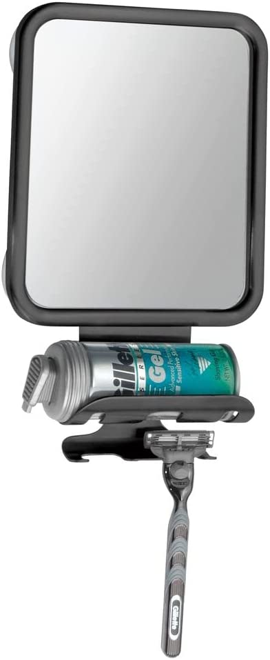 mDesign Large Modern Metal Suction Shaving Mirror Center for Bathroom Showers and Tubs - Holders for Shaving Cream and Razors - Matte Black