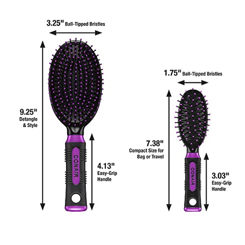 Conair Salon Results Hairbrush, 1 Travel Hairbrush and 1 Full-Sized Brush Included, Hairbrushes for Women and Men, Color May Vary, 2 Pack