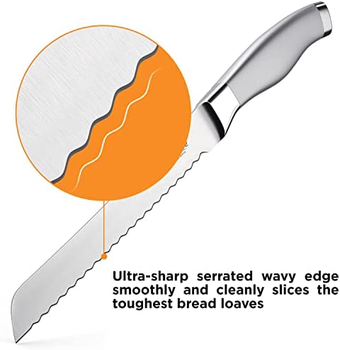 Orblue Serrated Bread Knife with Upgraded Stainless Steel Razor Sharp Wavy Edge Width - Bread Cutter Ideal for Slicing Homemade Bread, Bagels, Cake (8-Inch Blade with 5-Inch Handle)