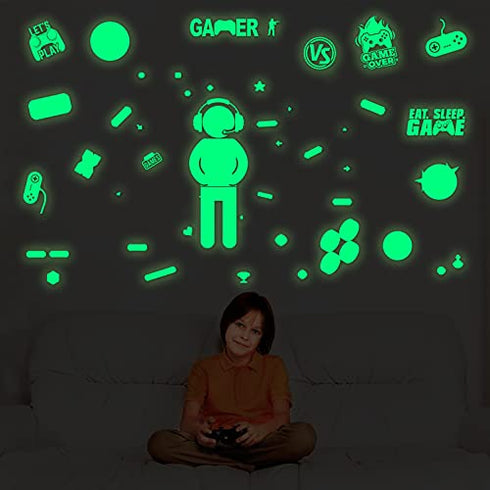 4 Sheets Gamer Wall Sticker Glow in The Dark Gamer Wall Decals Boy Children Video Game Room Decor Gaming Controller Wall Stickers Removable Wall Art for Kids Men Playroom Living Room