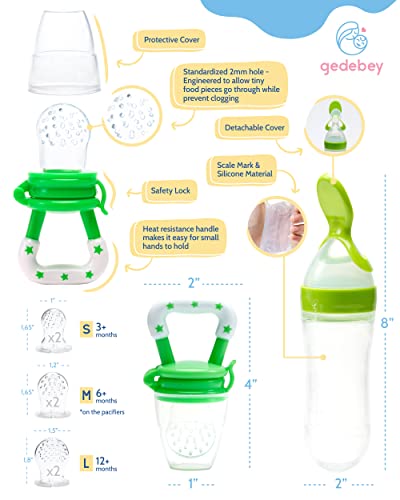 Gedebey Fruit Feeder Pacifier for Babies - 3 Pack | 2 Baby Food Teether Feeder & 1 Baby Spoon Bottle Feeder | Silicone Teether Feeder | Silicone Baby Feeding Spoon | Baby Fruit Pacifier Feeder (Green)