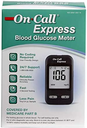 On Call Express Diabetes Testing Kit- Blood Glucose Meter, 10 Blood Test Strips, 1 Lancing Device, 30g Lancets, Control Solution, Carrying Case, Log Book, Black