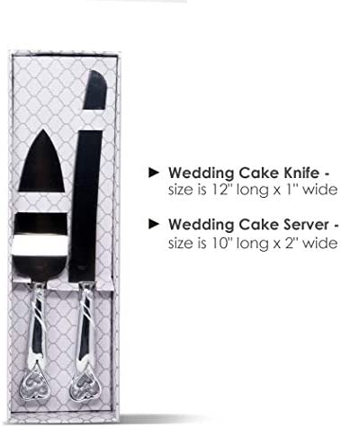 Silver Double Heart Wedding Cake Serving Set - Silver Wedding Cake Knife Set