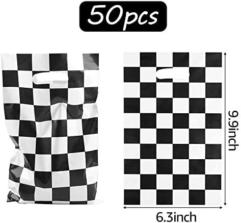 BeYumi 50Pcs Checkered Racing Treat Bags with 4Pcs Stickers, Race Car Theme Party Favor Bags, Plastic Goodies Candy Treat Bags Return Loot Bags Party Supplies for Kids Birthday and Sport Event