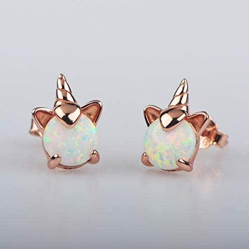 Rose Gold Unicorn Earrings for Girls, Hypoallergenic S925 Sterling Silver Stud Earrings ARSKRO Fire Opal Mini Tiny Cute Animal Earring Jewelry Gifts for Kids