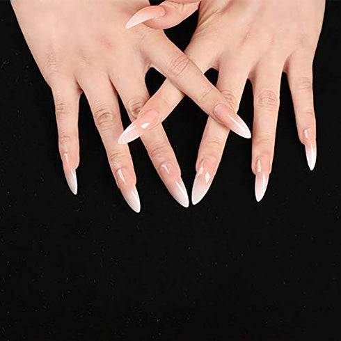 Allstarry 120pcs Extra Long Ombre French Fake Nail Natural Nude Stiletto Press on Nails Full Cover Artificial Wedding Party Manicure Nail Tips for Women and Girls