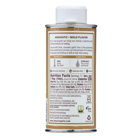 La Tourangelle, Garlic Infused Sunflower Oil, High Oleic Oil for Cooking Pastas, Salad Dressings, Drizzle on Popcorn, Irresistible Aroma and Flavor, 8.45 fl oz