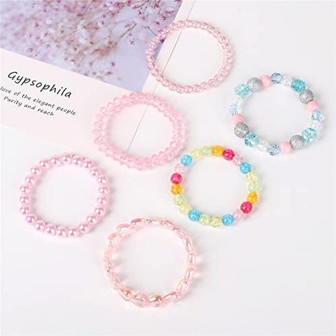 BGSHEMNI 6 Pieces Princess Bracelets,Rainbow Stretchy Bead Bracelets Pink Love Bracelet,Girls Costume Jewelry Set