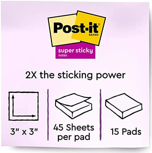 Post-it Super Sticky Notes, Limited Edition Color Collection, 3x3 in, 15 Pads/Pack, 45 Sheets/Pad (654-15SSALL)