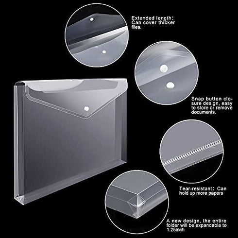 EOOUT 12pcs Plastic Envelopes, Clear Folders, Expandable Gusset and Plastic Waterproof Envelope with Snap Button Closure, Letter Size, A4 Size, for School and Office Suppiles