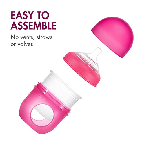 Boon NURSH Reusable Silicone Baby Bottles with Collapsible Silicone Pouch Design — Everyday Baby Essentials — 3 Count — Stage 1 Slow Flow — 4 Oz — Pink