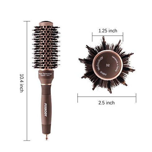 FIXBODY Round Hair Brush with Boar Bristles, Nano Thermal Ceramic, Ionic Tech and Anti-Static, Roller Hairbrush for Blow Drying, Curling, Straightening (2.5 inch, Barrel 1.25 inch)