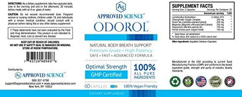 Approved Science Odorol - 60 Capsules - Freshen Bad Breath and Body Odor - Contains L.acidophilus, Green Tea, Magnolia Bark, Peppermint Oil, and Fennel - All Natural, Vegan Friendly, Non-GMO
