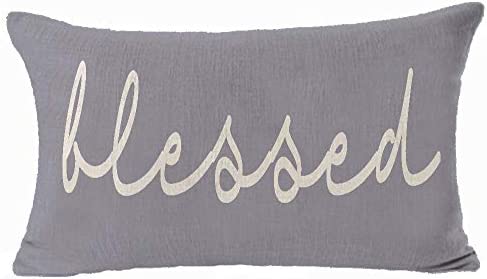 Andreannie Home Family Blessed Gray Cotton Linen Lumbar Throw Pillow Cover Cushion Case Decorative Sofa Room 12x20 inches (Blessed)