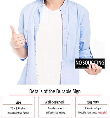 (2 Pack) No Soliciting Sign for House Door, Metal Self-Adhesive No Solicitation Signs for Business Home, 7.5 x 2.5 inches Aluminum No solicitors Signs for Office Gate Window, No Fade Rust Free