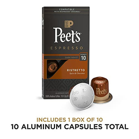 Peet's Coffee, Dark Roast Espresso Pods Compatible with Nespresso Original Machine, Ristretto Intensity 10, 10 Count (1 Box of 10 Espresso Capsules), Coffee Gifts