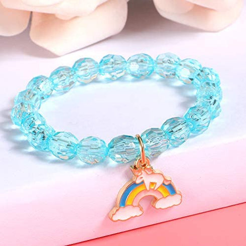 G.C 10 PCS Girls Kids Rainbow Beaded Bracelet with Cute Unicorn Rainbow Heart Star Pendant Stretchy Costume Jewelry Set Gift Play Party Favors Present Friendship Jewelry for Baby Toddler Little Girl