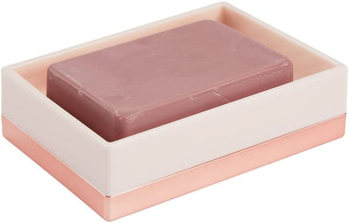 mDesign Square Plastic Bathroom Vanity Countertop Accessory Set - Includes Soap Dispenser Pump, Divided Toothbrush Holder, Tumbler Rinsing Cup, Soap Dish - 4 Pieces - Light Pink/Rose Gold