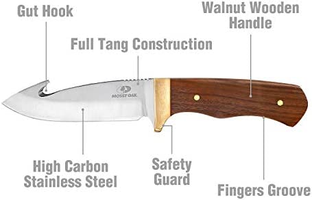Mossy Oak Fixed Blade Gut Hook Knife, 9.5-inch Full Tang Field Processing Knife - Wooden Handle, Leather Sheath Included, for Skinning, Hunting, Outdoors