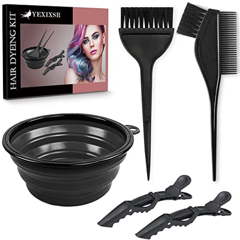 Yexixsr 5Pcs Professional Salon Hair Coloring Dyeing Kit, Hair Dye Color Brush and Bowl Set, Mixing Bowl, Angled Comb and Brush, Hair Clips