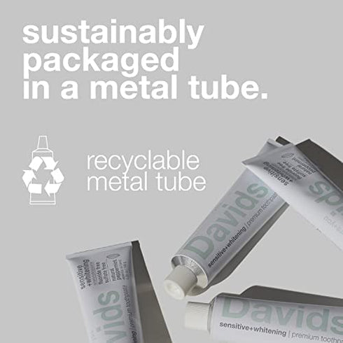Davids Nano Hydroxyapatite Natural Toothpaste, Sensitive, Whitening, Enamel Health, Fluoride Free, SLS Free, Peppermint, 5.25 oz Metal Tube, Tube Roller Included