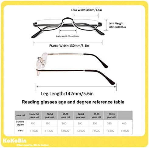 KoKoBin Half Reading Glasses - 2 Pairs Half Rim Metal Frame Glasses Spring Hinge Readers for Men and Women, Black+Gold 3.00
