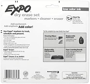 EXPO Low Odor Dry Erase Marker Starter Set, Chisel Tip, Assorted, Whiteboard Eraser, Cleaning Spray, 6 Count