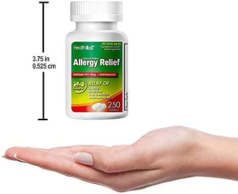HealthA2Z Allergy Relief, All Day Allergy, Cetirizine HCL 10mg, 250 Tablets, Compare to Zyrtec® Active Ingredient.