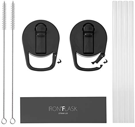 IRON °FLASK Carabiner Straw Lid for Wide Mouth Insulated Sports Water Bottles, Simple BPA Free, 2 Lids, 4 Straws, 2 Cleaning Brushes