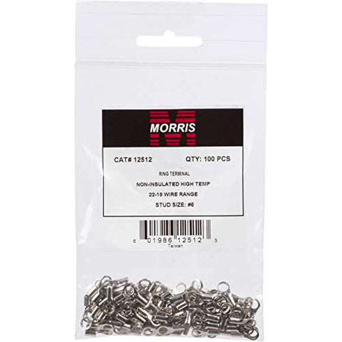 Morris Products High Temperature Ring Terminals – 8 Wire Size - ¼-inch Stud Size – Nickel-Plated Steel – For HVAC, Industrial Kilns, Electric Space Heaters, Commercial Ovens, Fryers – Pack of 100, (12524)
