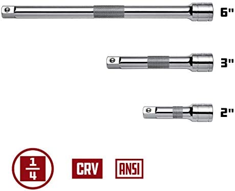 Powerbuilt 1/4" Drive Extension Bar Set, 3 Piece, Includes 2, 3, and 6 Inch Extensions, Use Ratchet to Reach, Non-Slip Grip 640842