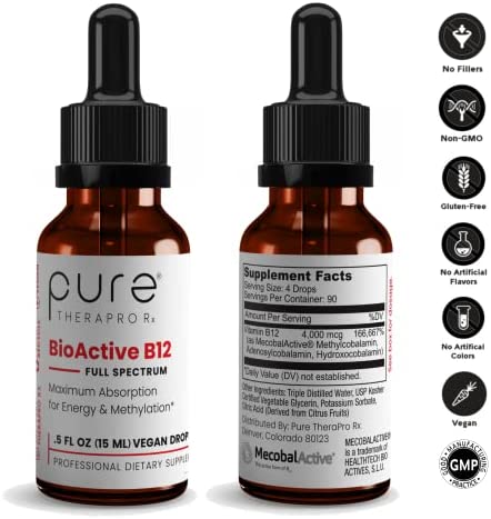 BioActive Vegan Vitamin B12 Sublingual Liquid Supplement - B12 Liquid Vitamin Drops with Hydroxocobalamin, Adenosylcobalamin & Methylcobalamin 1,000 mcg per Drop (4 Drops a Day for a 90-Day Supply)