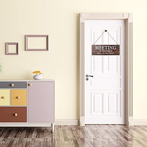 1 Piece Double-side Meeting In Progress Please Do Not Disturb, Welcome Please Knock Hanging Wooden Sign Plaque, In a Meeting Sign for Office Door Meeting Room Home Study, 16 x 6 Inch (Brown and White)