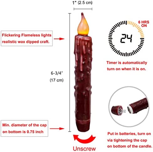 CVHOMEDECO. Real Wax Hand Dipped Battery Operated LED Timer Taper Candles Country Primitive Flameless Lights Décor, 6-3/4 Inch, Burgundy, 2 PCS in a Package