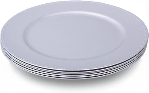 Silver Charger Plates, Round Dinner Charger with Beaded, 13 Inch Plastic Plate Chargers for Wedding, Table Decor, Set of 6