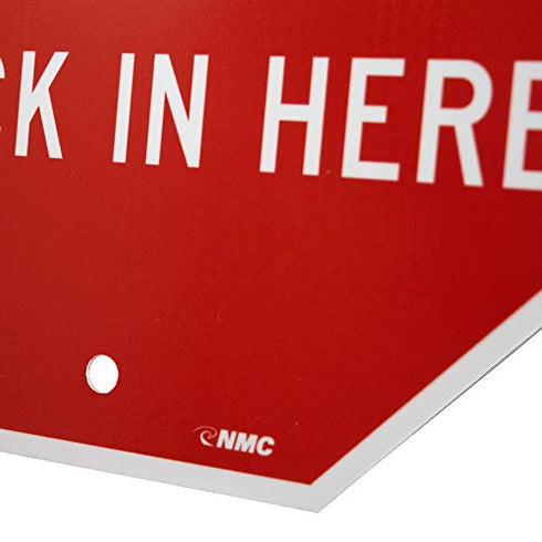 National Marker SS4R NMC Warning Sign,"Stop, Check in HERE”, 12” Height x 12” Width, Rigid Plastic, White on Red