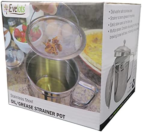 Evelots Grease Can for Kitchen with Strainer/Oil Strainer/5-Cup Stainless Bacon Grease Container with Easy-Grip Handle