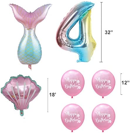 7pcs Mermaid Balloons Number Balloons for 1st 2nd 3rd Birthday Party Girls' Mermaid Tail Decoration Supplies (number 4)