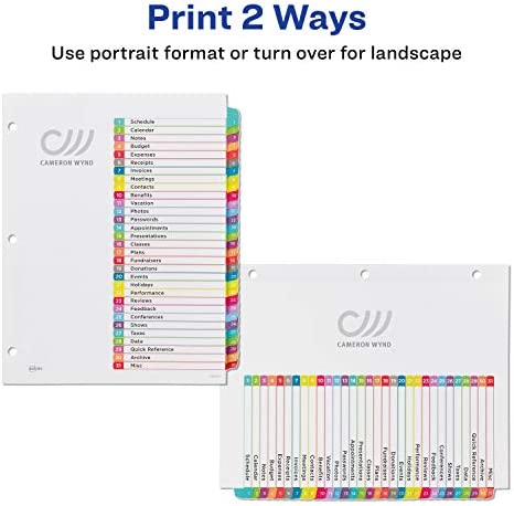 Avery 31-tab Dividers for 3 Ring Binders, Customizable Table of Contents, Multicolor Tabs, 1 Set (11846)