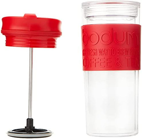 Bodum Insulated Plastic Travel French Press Coffee and Tea Mug, 0.45 L, 15oz, Red